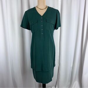 Evan Picone 100% Silk Deep Teal Green Sheath Dress Sz 4 Button Zip Career Office